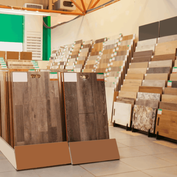Variety of flooring samples including wood and laminate displayed in a showroom